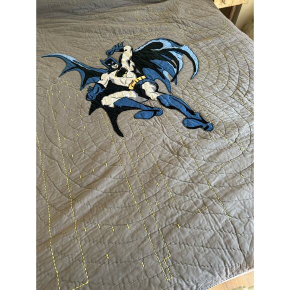 Pottery, barn, kids twin , hand, stitched, cotton, Batman, quilt, gray blue - Picture 1 of 3